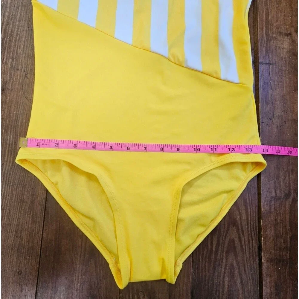 Justice Swimsuit Girls Sz 20 Yellow & White Striped One-Shoulder Scallop NWOT